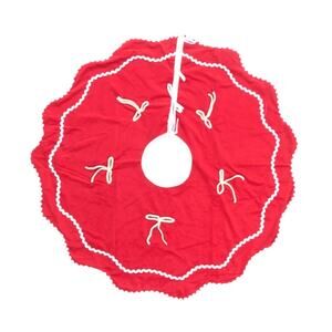 Warm Wishes Red Velvet Bow Tree Skirt 48in Scalloped Ric Rac Edge Holiday NEW
